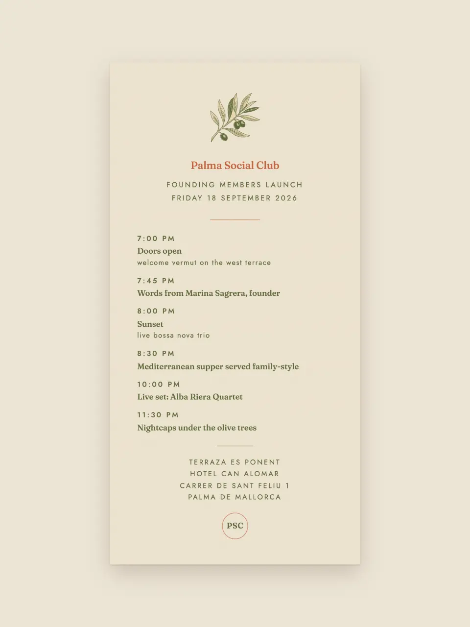 The event programme from Palma Social Club · Founding Members