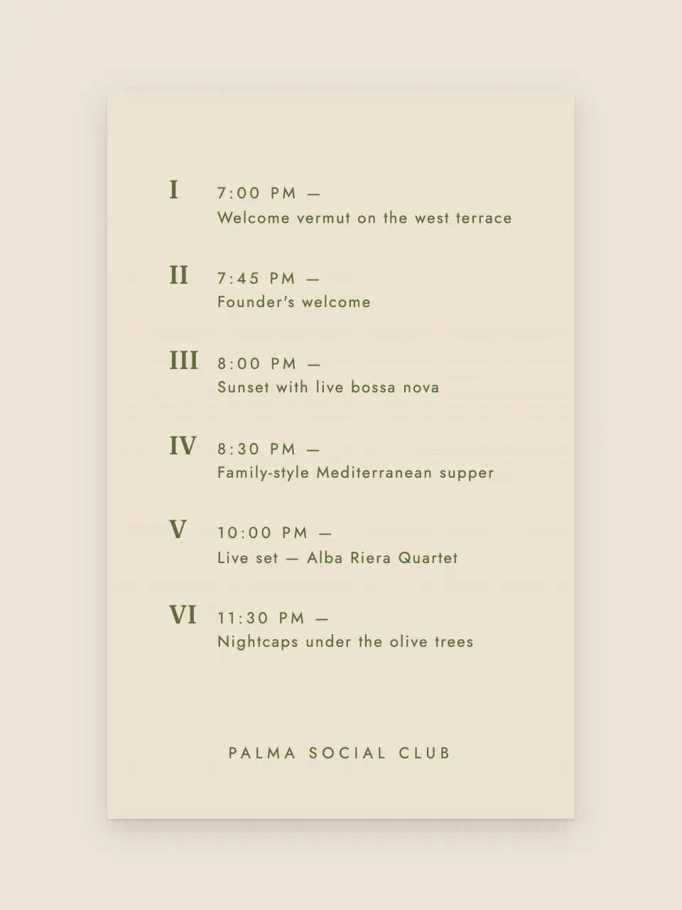 The itinerary card from Palma Social Club · Founding Members