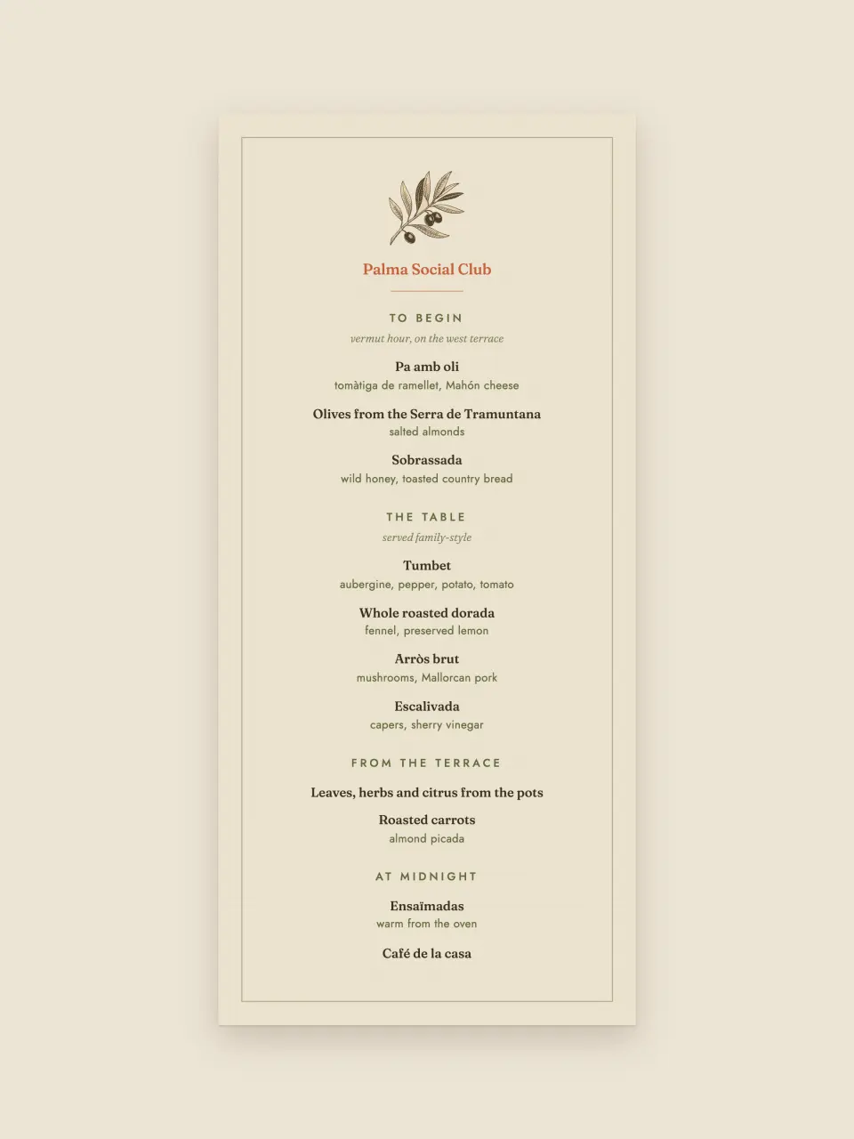 The menu card from Palma Social Club · Founding Members