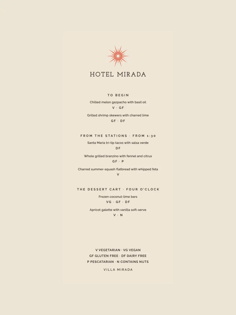 The menu card for the pool party