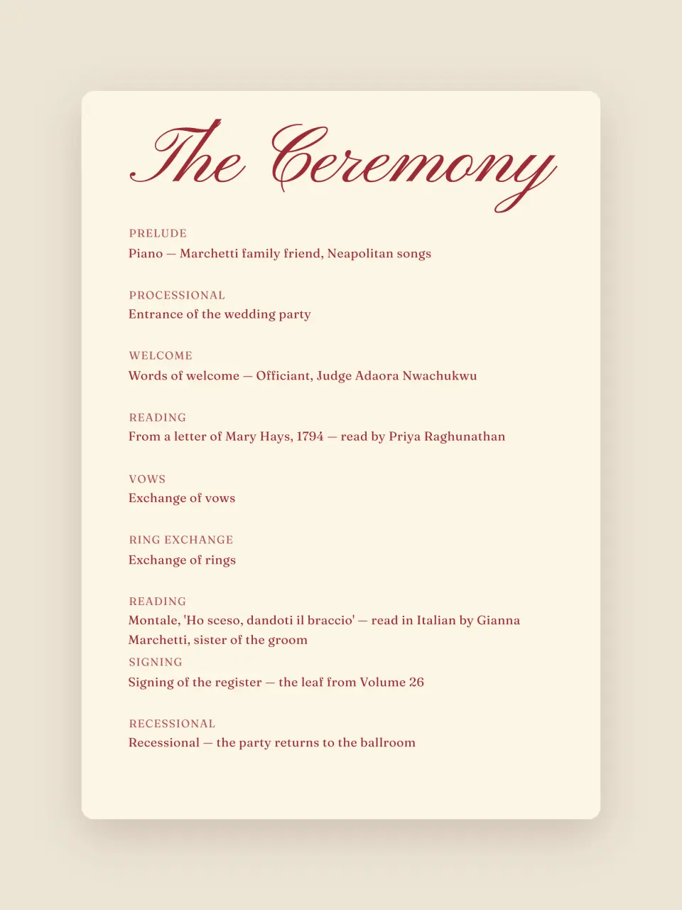 The order of service from Elizabeth and William · The Second Name