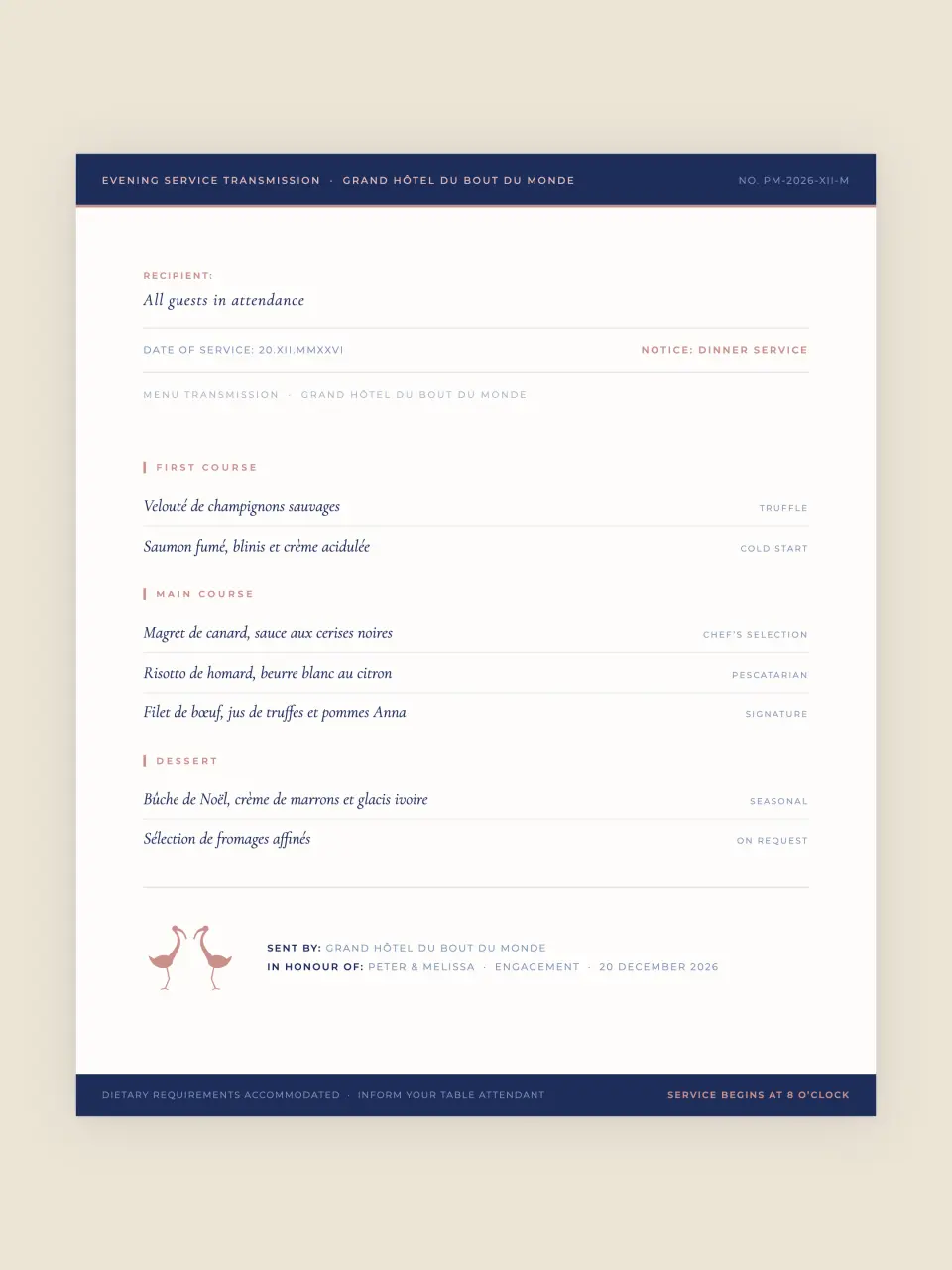 The menu card from Peter and Melissa · The Telegram