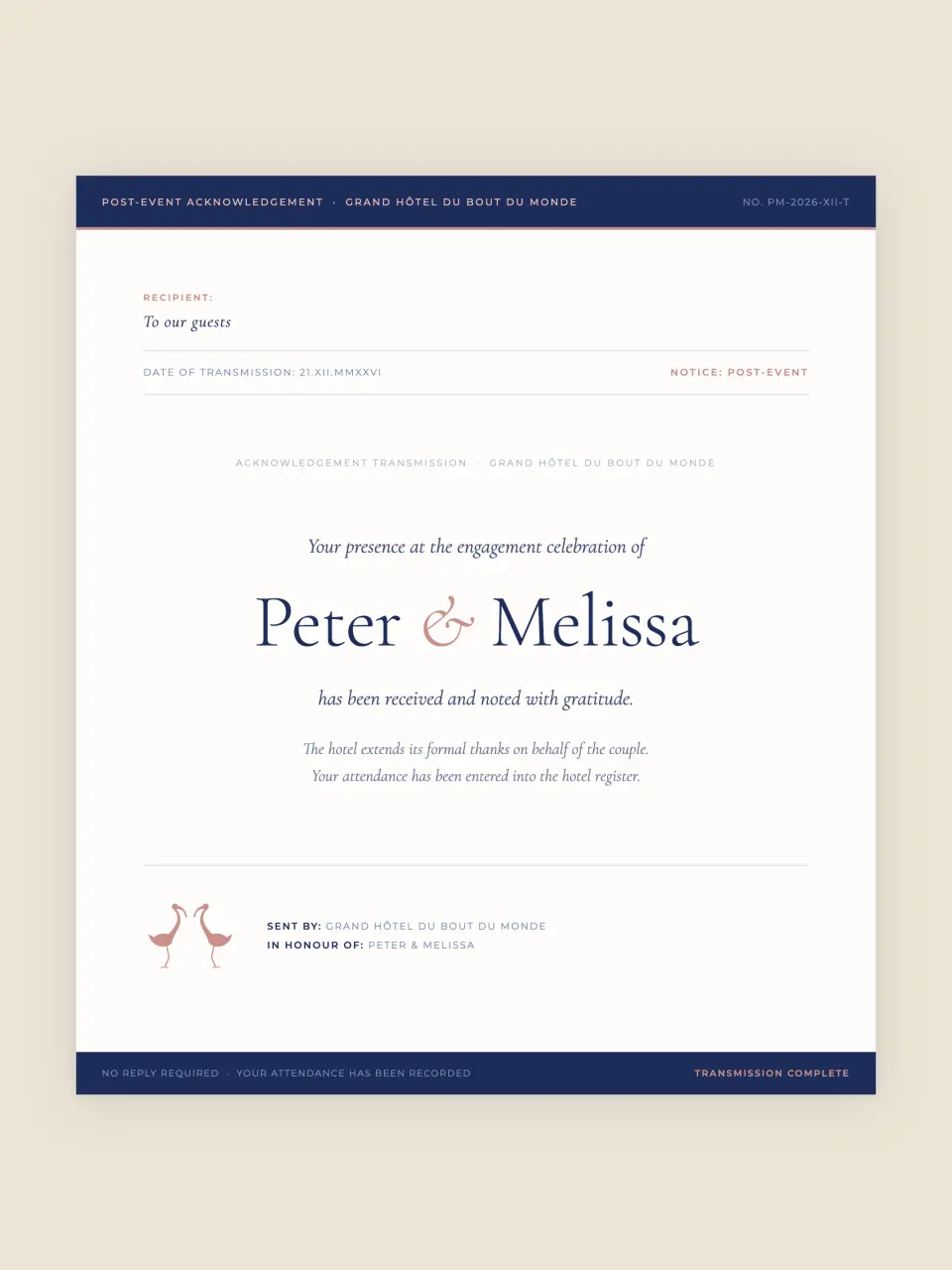 The thank you card from Peter and Melissa · The Telegram