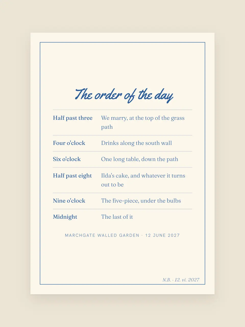 The order of service from Nell and Tobias · The Plate