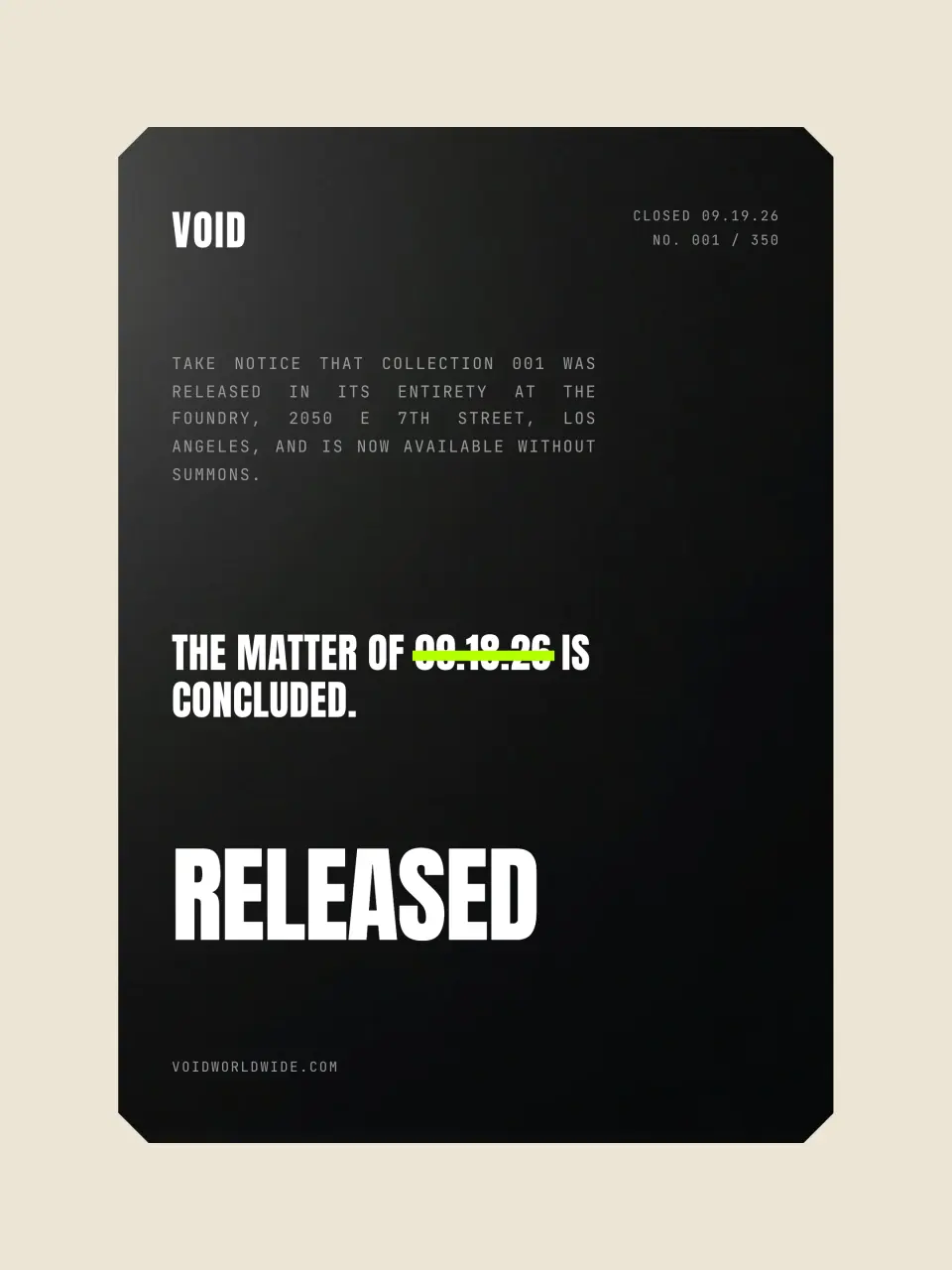 The announcement card from VOID · Collection 001 · Actual Size