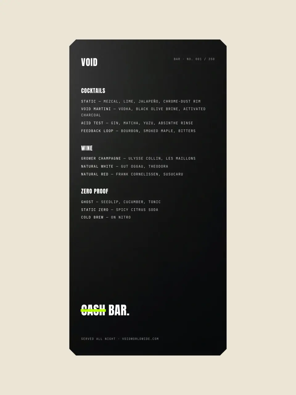 The bar & drink menu from VOID · Collection 001 · Actual Size