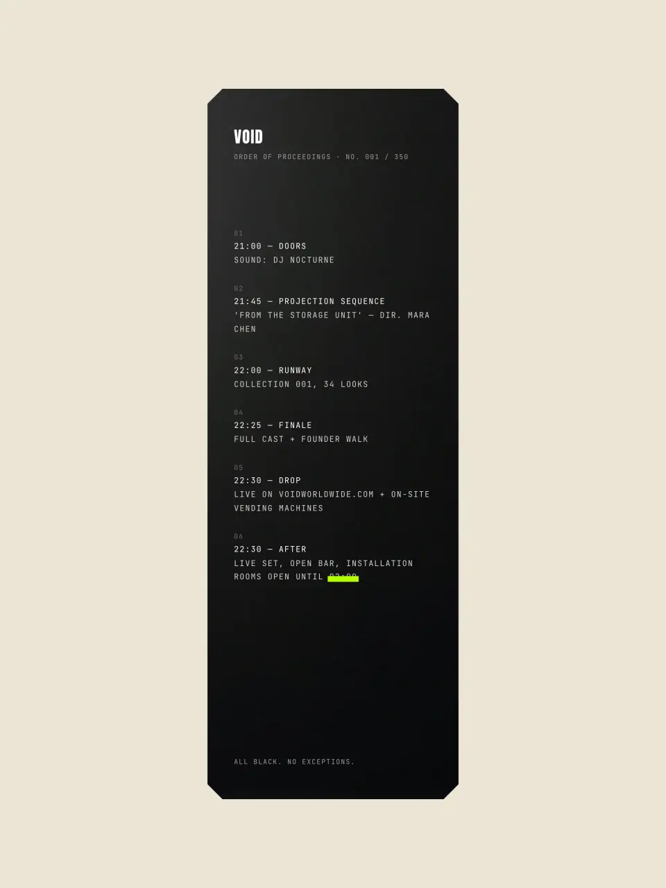 The event programme from VOID · Collection 001 · Actual Size