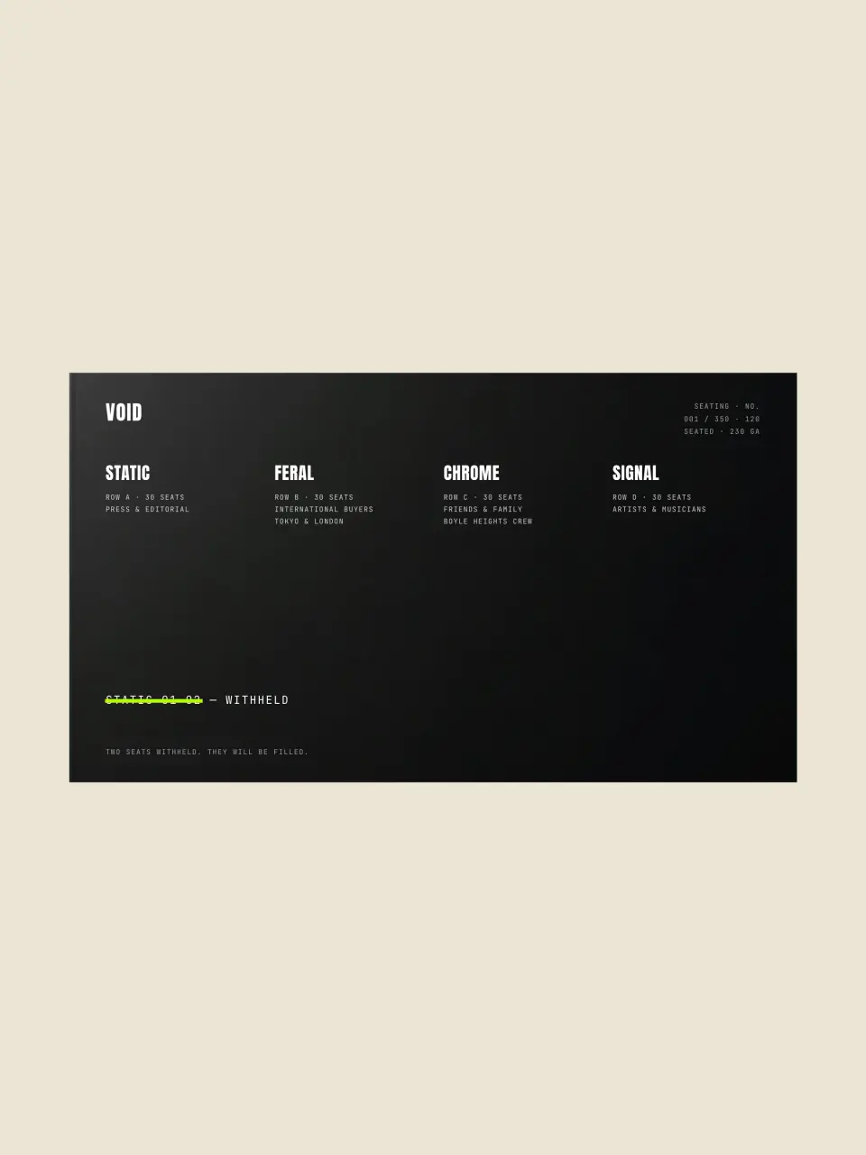 The seating chart from VOID · Collection 001 · Actual Size