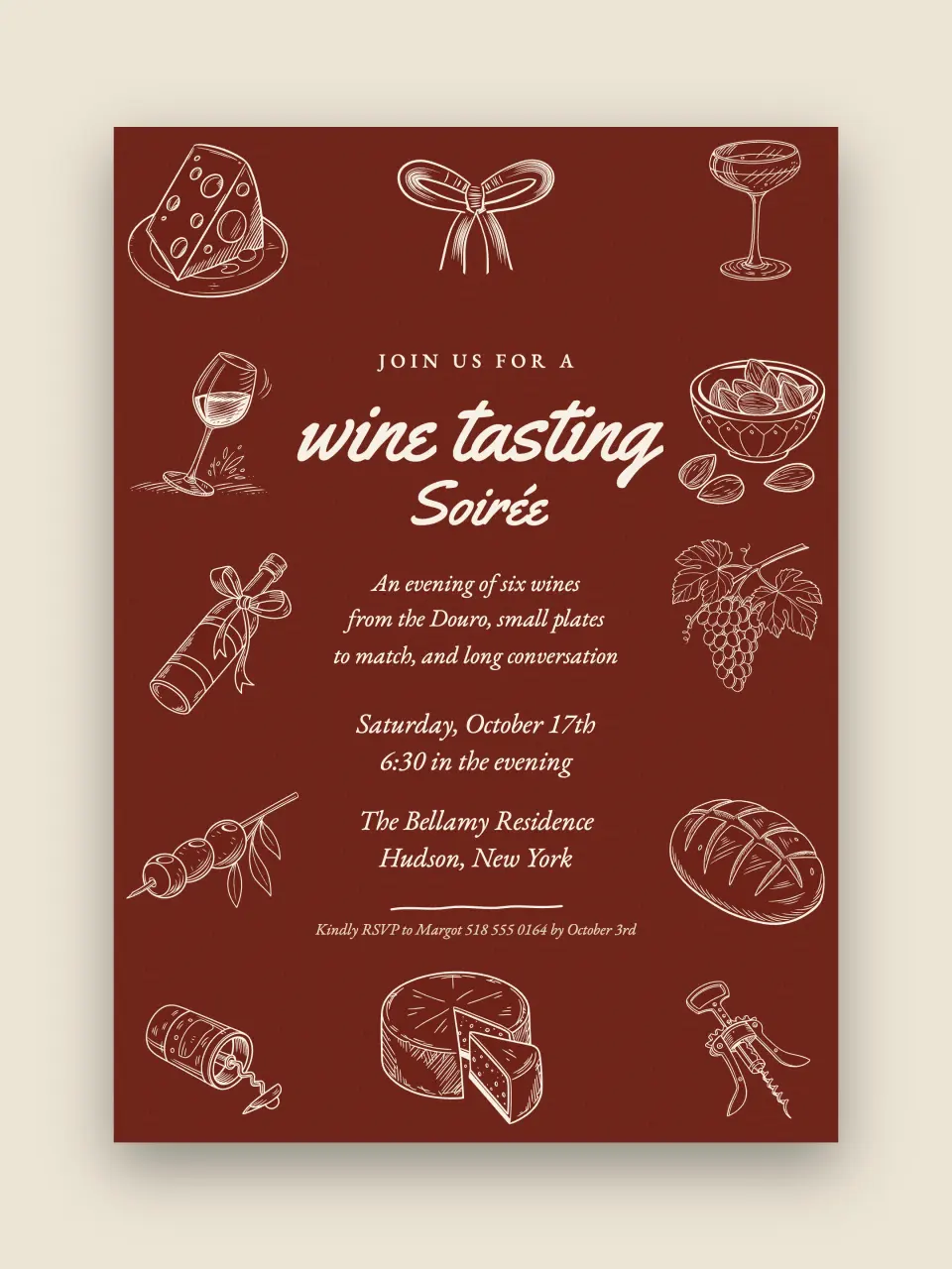 The wine tasting invitation, drawn in one red line