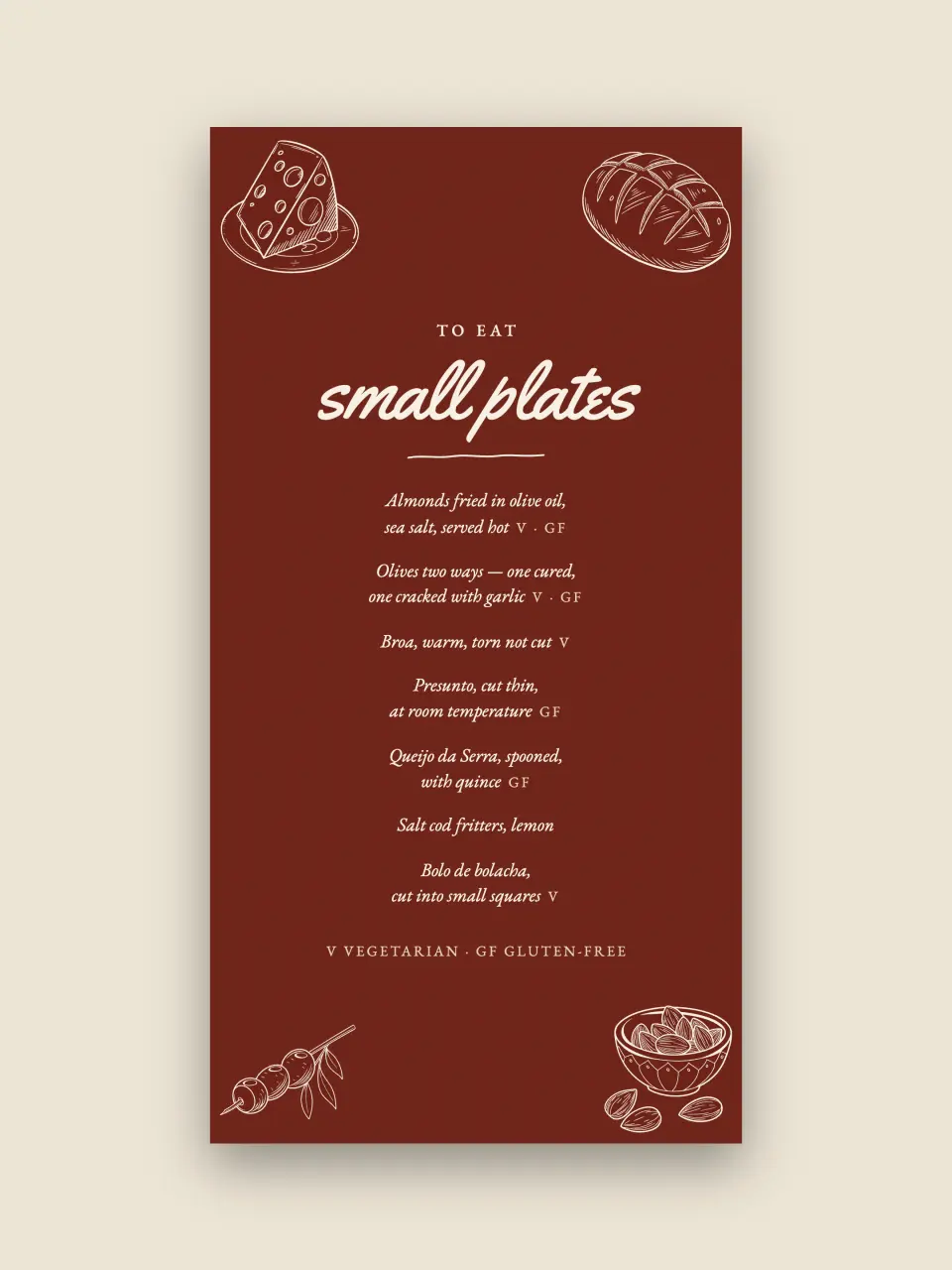 The menu card for the small plates