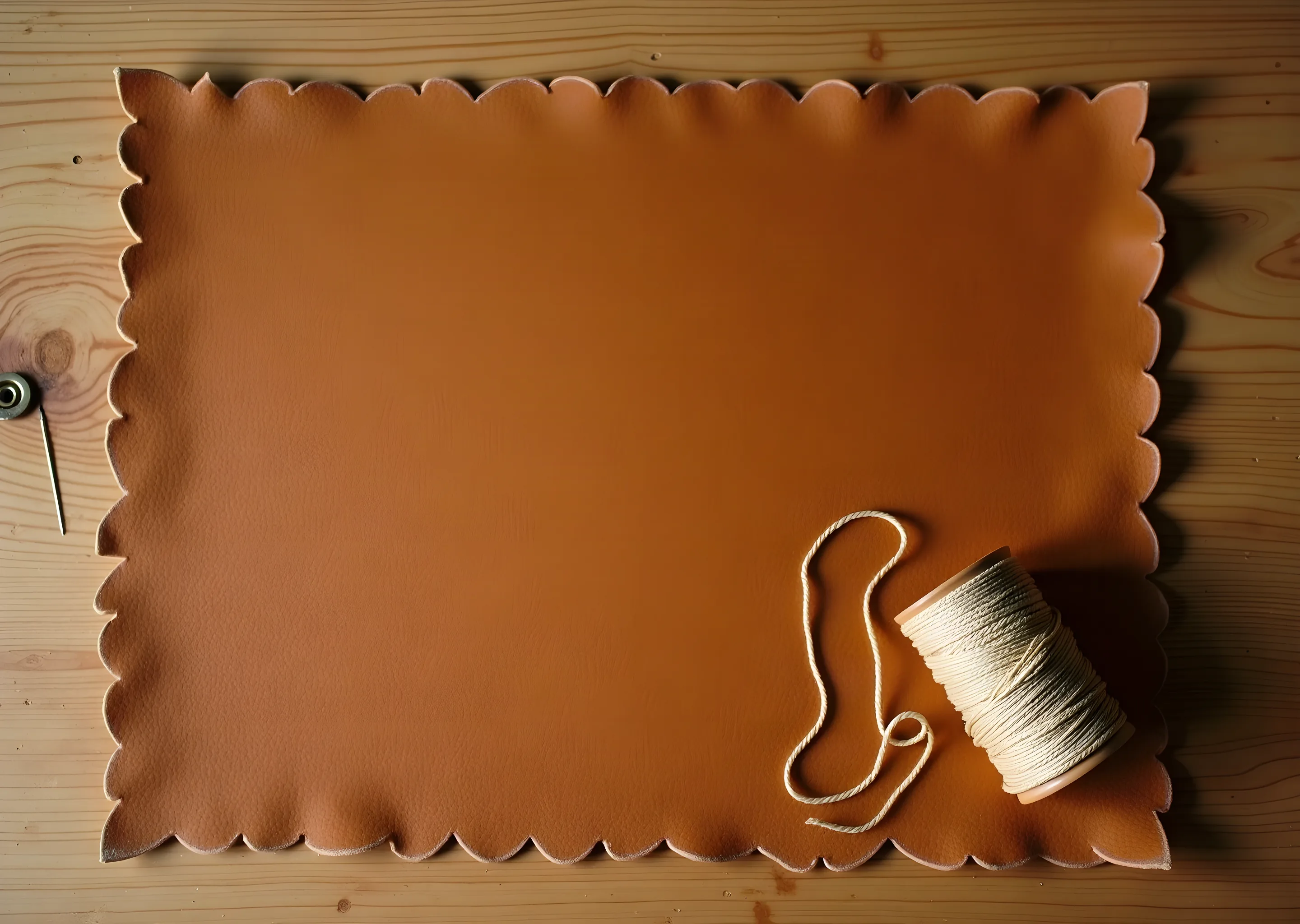 Cognac hide, a spool of unbleached linen thread and a small brass fitting on a bench
