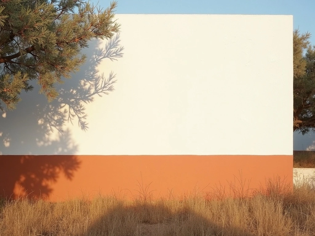 The whitewashed estate wall at Herdade do Freixo do Meio, one painted terracotta line across its foot, holm-oak shadow and dry Alentejo grass