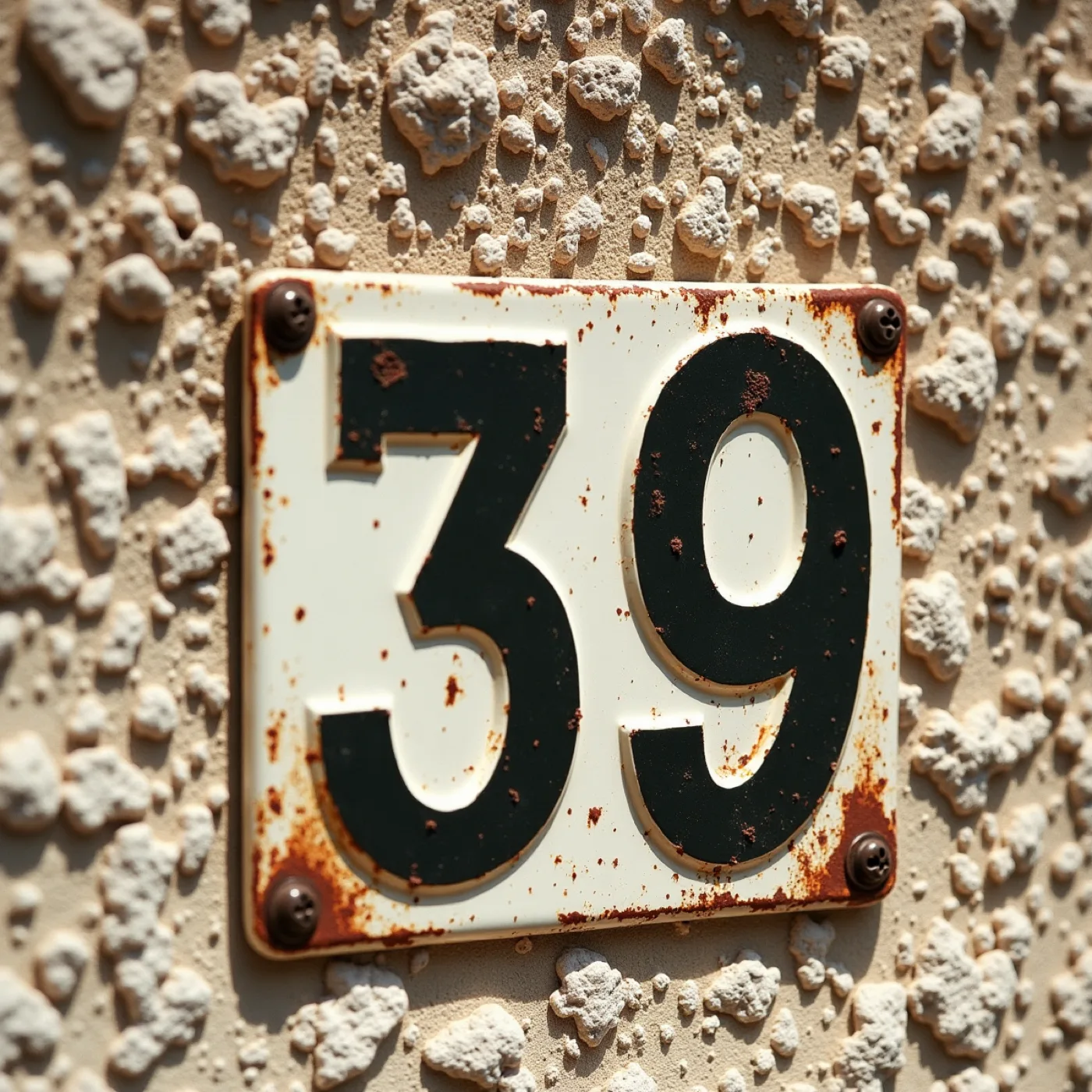 Weathered enamel house numbers fixed to coral rock and stucco in strong sun — digits only, chipped, with rust bleeding down from the screws.