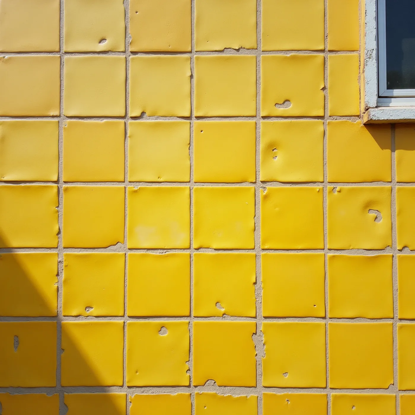 The glazed tiled exterior of an ordinary building in Niterói, photographed square-on in full sun and filling the frame, with chips, replaced tiles in slightly wrong colours, and visible grout.