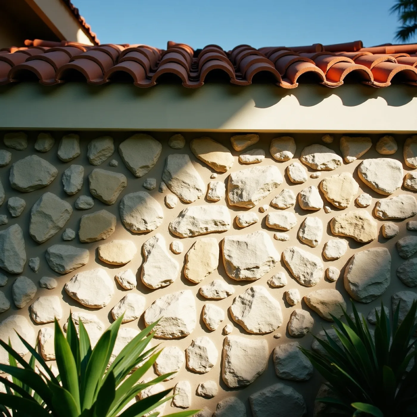 A rough coral-rock garden wall photographed square-on in hard midday sun, with the shadow of a barrel-tile roof edge cutting a hard diagonal across it.