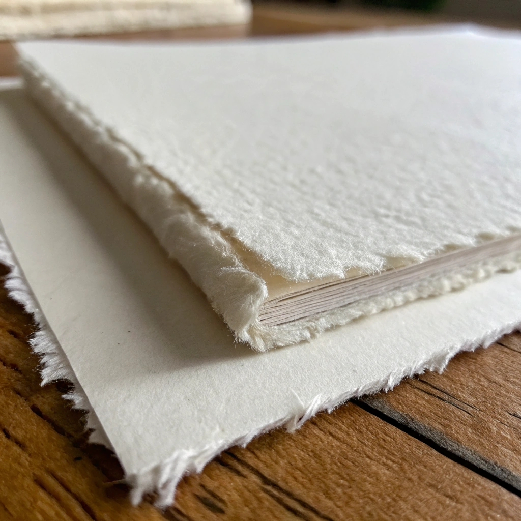 Deckled edge of thick soft-white cotton rag paper in raking light