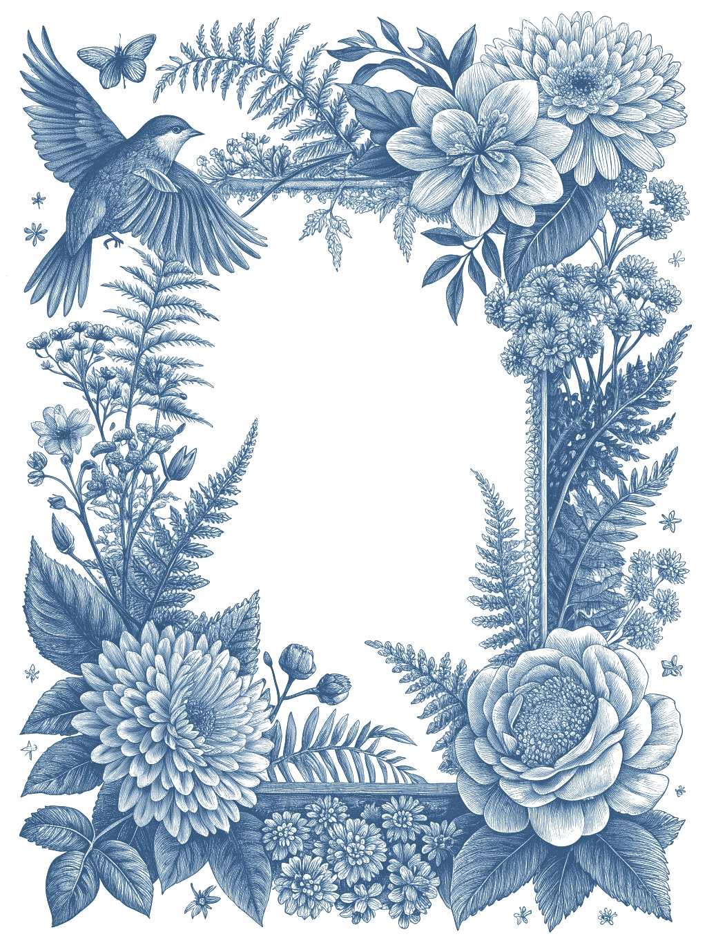 The rim garden redrawn: dahlias, wild roses, ferns, elderberry, a bird and a butterfly around an empty centre