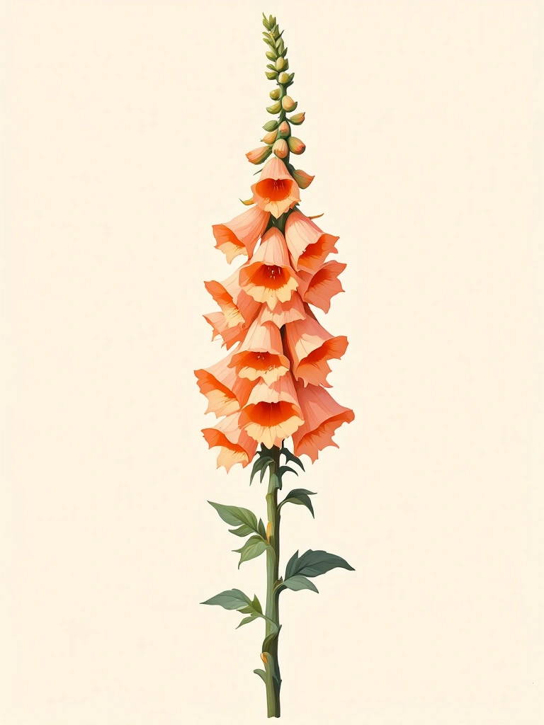 A single apricot foxglove spire painted in gouache on ivory