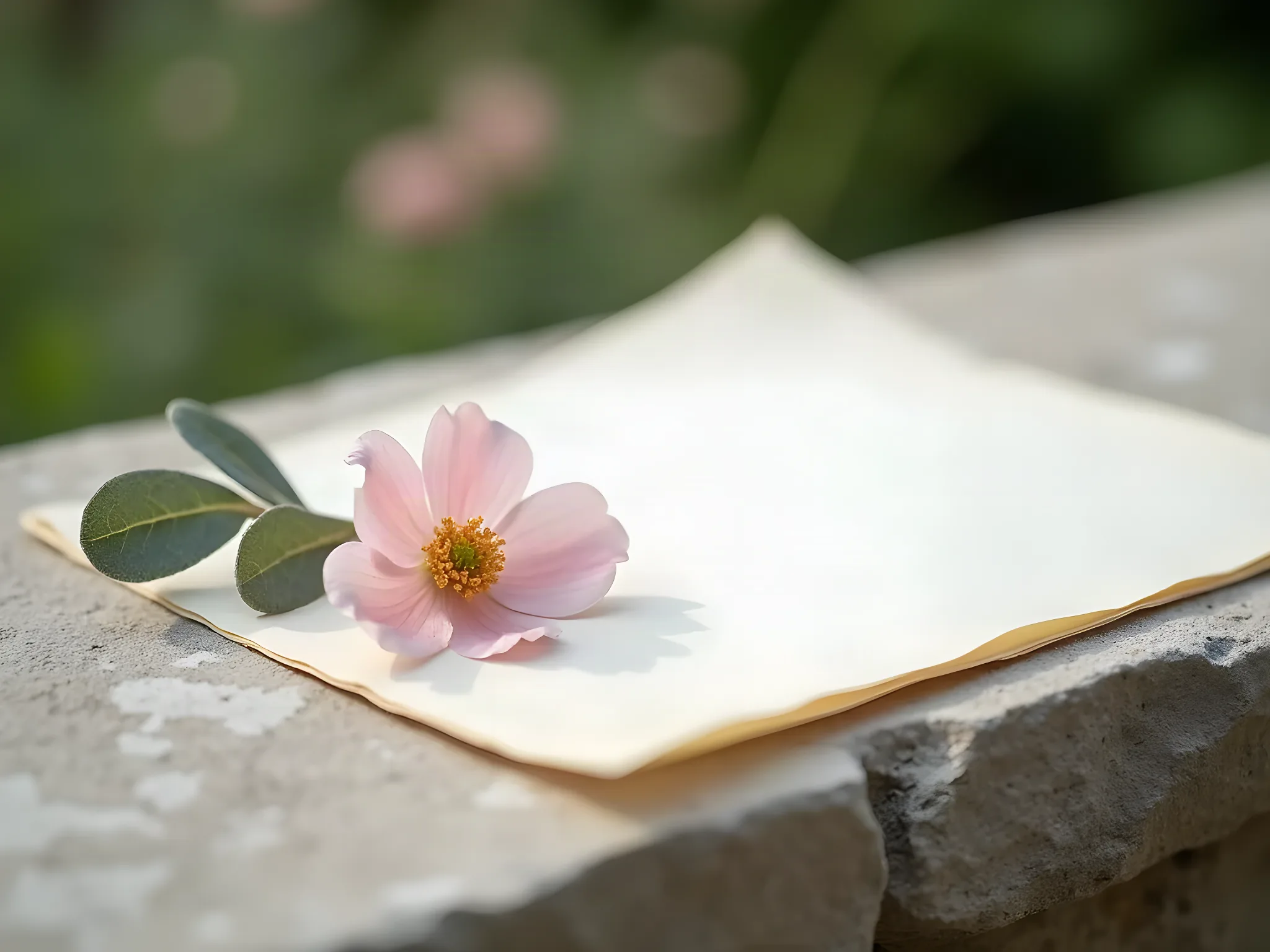 Photograph of a sheet of ivory cotton rag paper with a natural deckle edge on a limestone ledge, one pressed blossom and a sage leaf resting on it