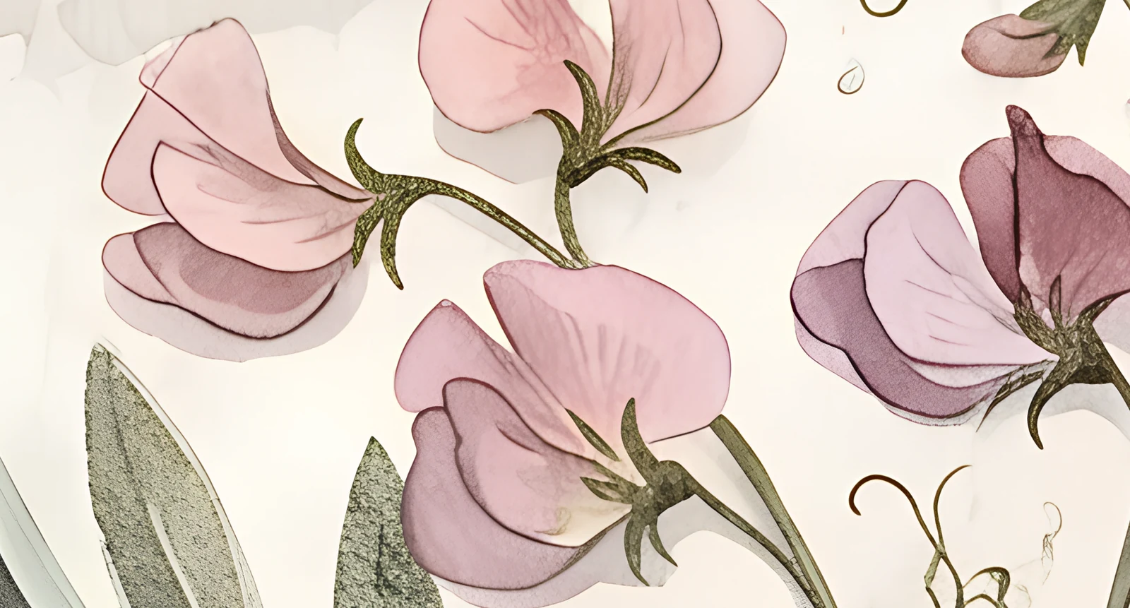 Close watercolour of pressed sweet pea blossoms in blush, mauve and cream with curling tendrils