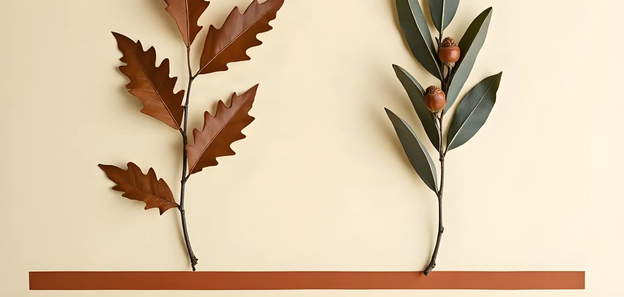 Flat-lay photograph on cream paper: a dried oak branch with an acorn and a dried olive sprig laid parallel above a single ruled terracotta line
