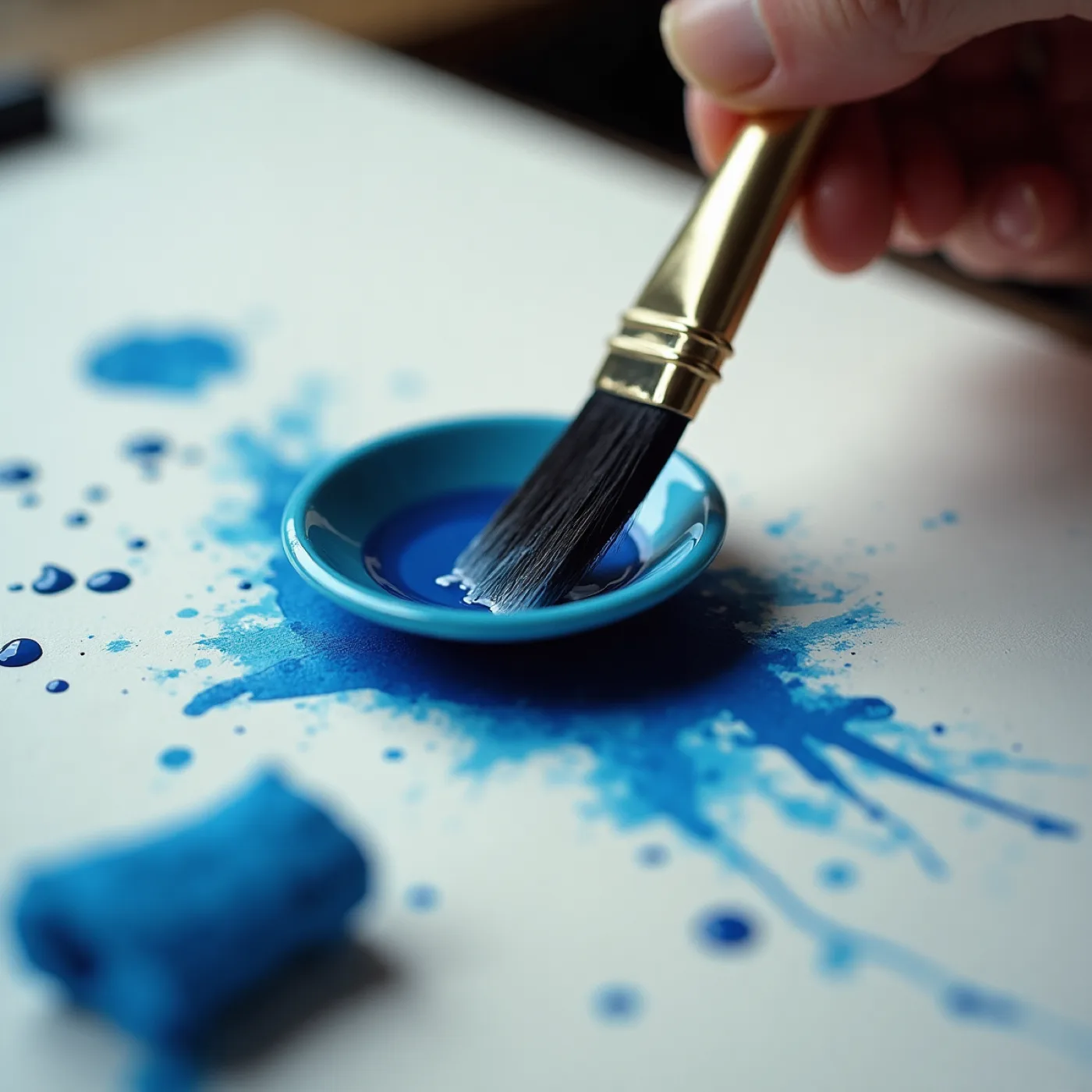 Close crop of a hand loading a pointed brush with blue ink from a small saucer, splashes and drops scattered across the sheet beneath