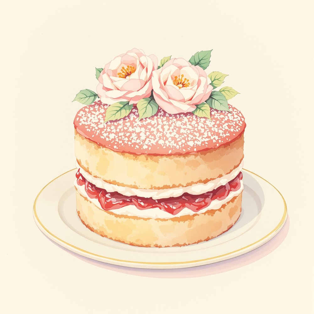 A Victoria sponge birthday cake with jam and cream, topped with two pale pink roses.