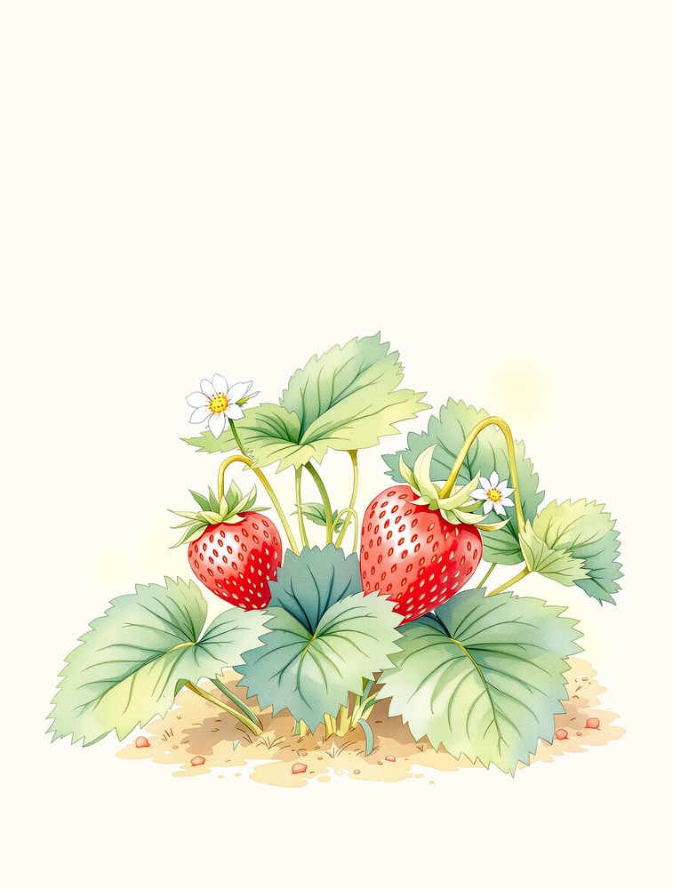 A strawberry patch with two ripe berries, leaves and a white flower.