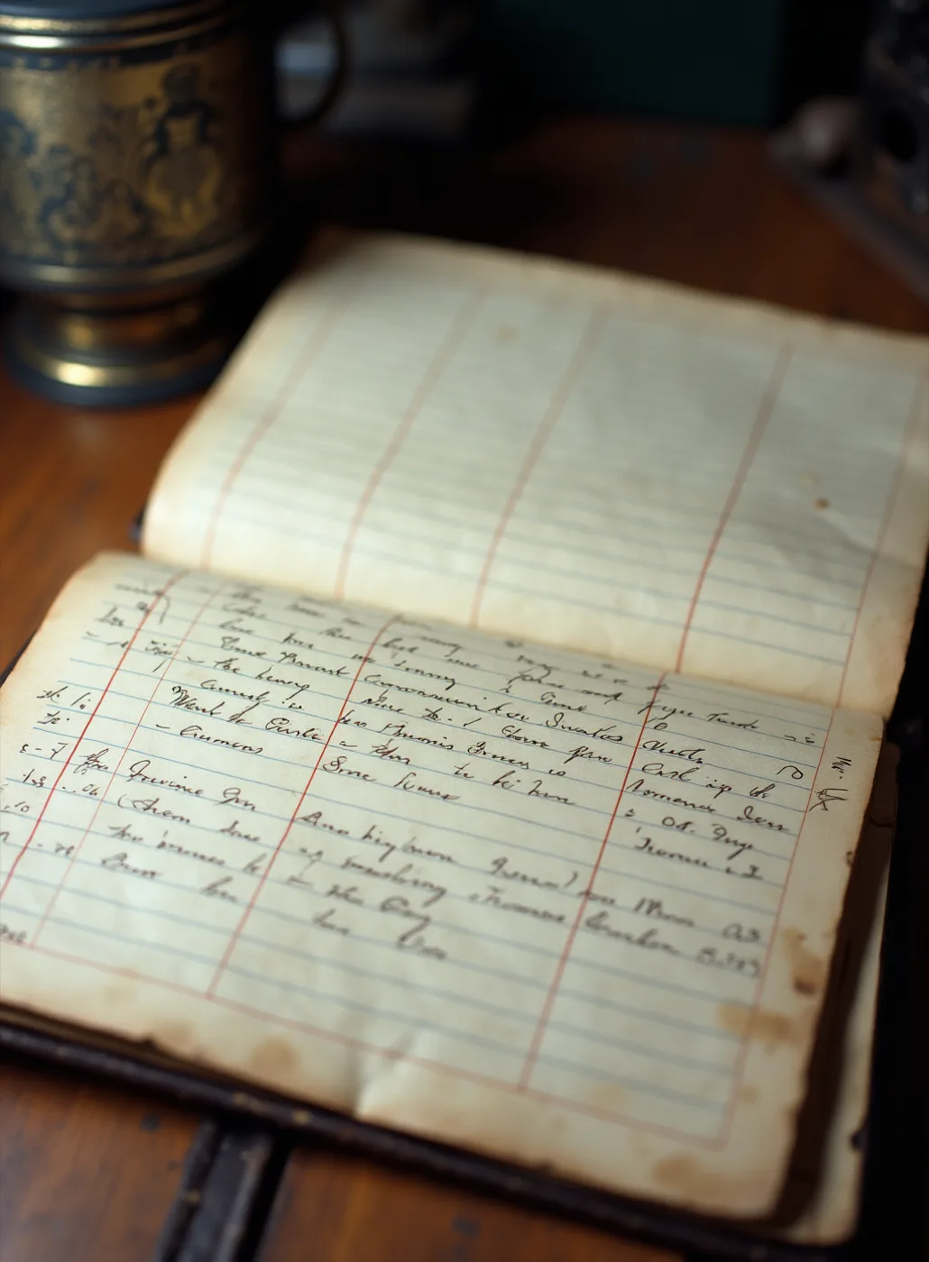 A nineteenth-century household ledger open flat, ruled in fine red columns over blue feint lines, filled with small handwriting.