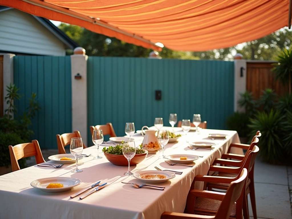 The table laid under the awning.