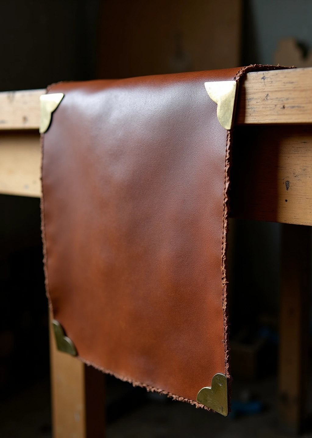 A panel of cognac goatskin hanging over the end of a workbench, held by two flat brass corner caps