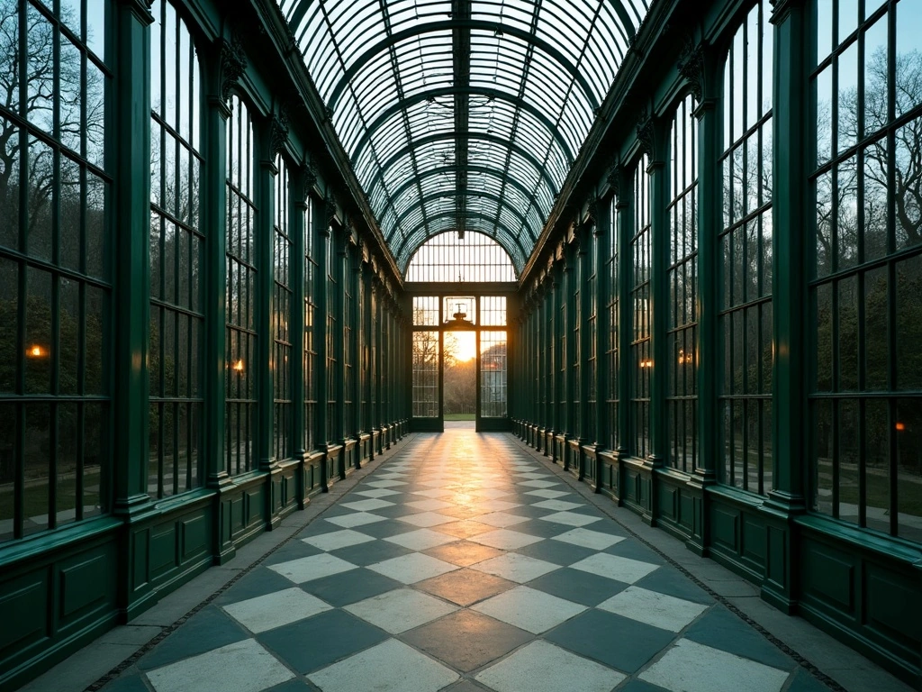 The glasshouse at dusk, its chequered floor running to the far door.